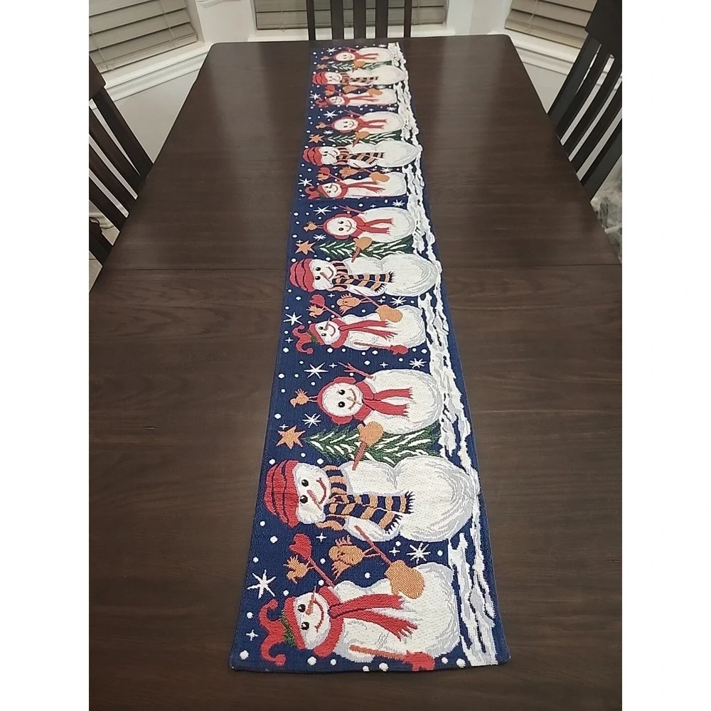 Christmas Tapestry Table Runner Snowman Winter Scene 72x13 Holiday Table Setting